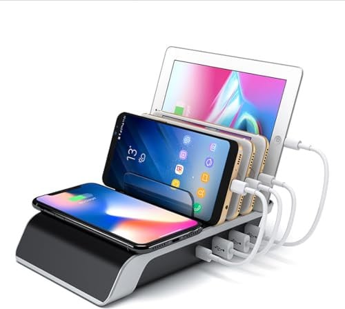 Station de charge 5 ports 5 en 1 avec chargeur Qi sans fil pour iPad, iPhone, plusieurs appareils, montre, tablette, station de chevet, USB 3, USB, 1 type C, 1 port filaire