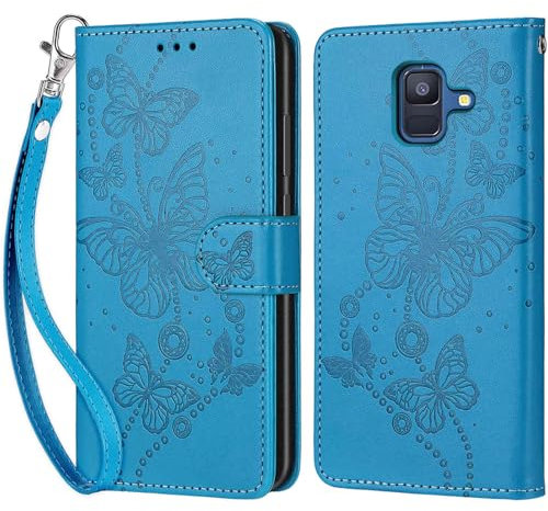 Handyhülle für Samsung Galaxy A6 2018 Hülle, Premium Leder Flip Klappbare Stoßfeste Magnetische [Standfunktion] [Kartenfächern] Schutzhülle Tasche - Blau Schmetterling