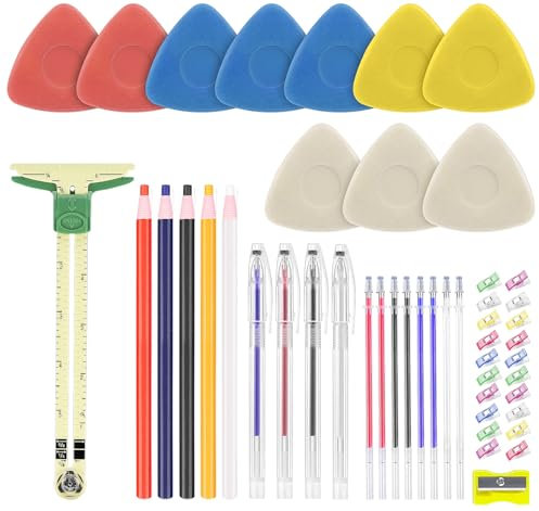 StiVerse 49-teiliges Schneiderkreide-Set, 10 Stück Nähkreide, Stoffkreide-Marker zum Nähen, hitzelöschbare Stifte, Nähklammern, Gleitlehre zum Quilten, Nähzubehör für Quilten, Schneidern
