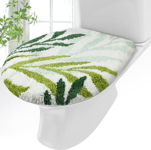 Mindsoft Green Leaves Bathroom Toilet Lid Cover Soft Microfiber 17.5'' x 15'' Plush Solid Tufted Toilet Seat Machine Washable Adjustable Rubber Backing Cover Fits Most Round, Elongated and Oblong Lids