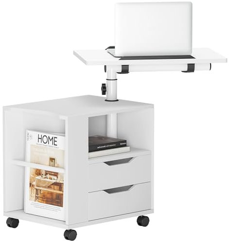 SogesHome Bestelltisch Nachttisch höheverstellbar Schlafzimmermöbel Kommode mit Schublade Aufbewahrungsschrank mit schwenkbarem Regal abschließbare Universalrollen (Weiß)
