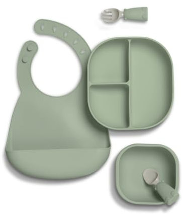 Mamas & Papas 4 Piece Silicone Weaning Starter Kit, BPA - Free, Baby Plate and Bowl with Suction, Cutlery & Adjustable Bib for Ages 6-18 Months - Kiwi