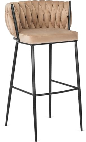 MEBEL ELITE Barhocker Flores beige samt mit Lehne – Glamour Barstuhl gepolstert, geflochtenes Rückenlehne, drehbar, höhenverstellbar – moderner Tresenhocker für Küche & Esszimmer