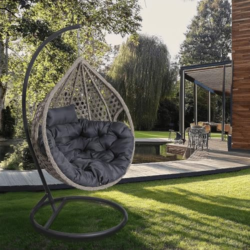 2mGoods Luxuriöser Hängesessel mit Gestell inkl. allergikerfreundlichem Kissen - Hängestuhl mit platzsparender runder Basis, ideal für kleinere Räume Indoor und Outdoor (Breite 15mm Rattan-Grau)