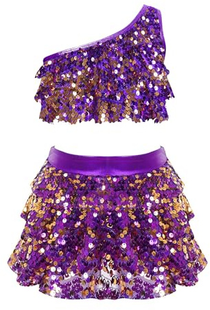 Loodgao Vestito da Ballo Bambina Latino Americano Paillettes Monospalla Abito da Ballo ​​Tutu Crop Top ​Tango Costume Salsa Rumba Samba Jazz Dancewear Vestito da Pattinaggio Viola 13-14 anni