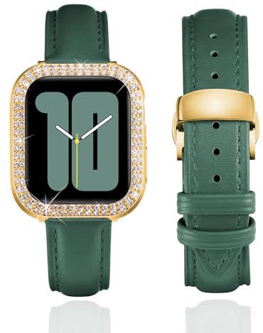 BINLUN Leather Strap Compatible with Apple Watch 46mm 45mm 44mm 42mm 41mm 40mm Women Leather Band with Glitter Diamond Case Compatible with iWatch Series 10/9/8/7/SE2/SE/6/5/4(46mm,Green-Gold)