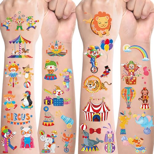 Zirkus Tattoos für Kinder,10 Blätter Circus Kindertattoos Hautfreundlich Set Temporäre Tattoos zum Aufkleben,Mitgebsel Kindergeburtstag Geschenke Party Deko Zirkus Spielzeug