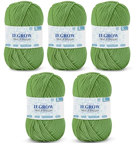 Hilo de tejer a mano de 250 g, hilo de ganchillo, hilo acrílico para tejer, hilo de ganchillo para principiantes, adecuado para tejer, ganchillo y costura, suave y cómodo (5 x 50 g), color verde soja