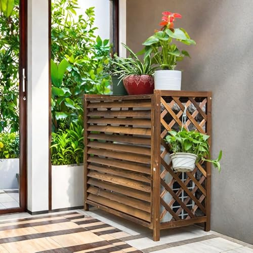 JPQTRYDRIS Cache Climatiseur Exterieur en Bois, Couvre Climatiseur Bois Marron Rack De Climatisation Extérieur, Cache-Radiateur en Bois, Présentoir, Crème Solaire, Imperméable, Cadre Renforcé(M)