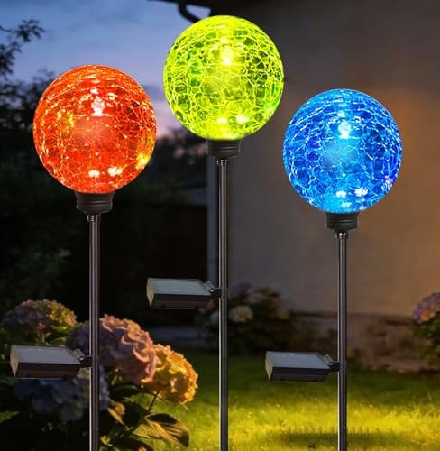 HOOEN 3 Pack Cracked Glass Solar Globe Lights, Color Changing Outdoor Garden Stake Lights