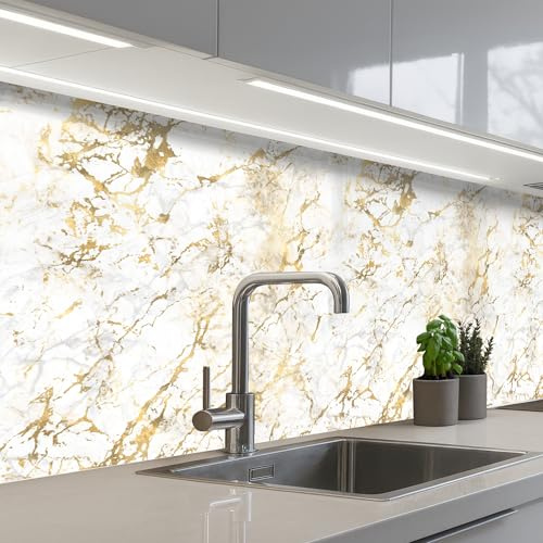 KitchenYeah© Crédence Adhésive Résistant À La Chaleur Protection Mur | 60x200 cm - Cuisine Panneaux Muraux Adhesif Panneau Decoratif Interieur Éclats d'or - Blanc - Marbre