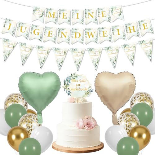 22Pcs Jugendweihe Deko Set - Jugend Partydekoration mit Wimpelkette Luftballons in Salbeigrün Gold Weiß Herz ballons Grün Karamell Tortensticker, Partydekoration girlande für Jungen Mädchen