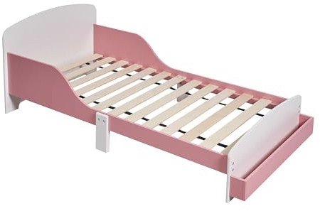 Relaxdays Kinderbett, 70x140 cm, Kleinkindbett mit Rausfallschutz, Lattenrost, Ablage, Kinderzimmer Bett, MDF, rosa/weiß