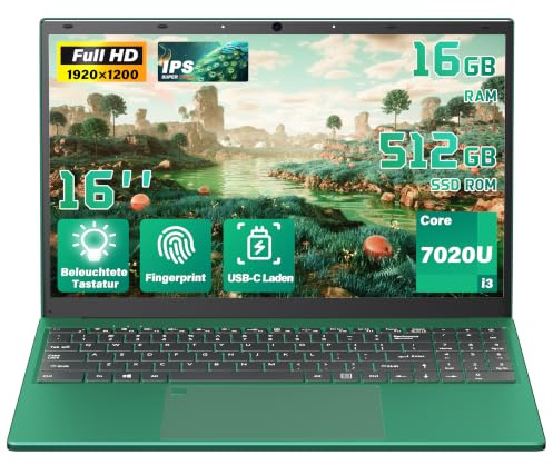 Nmybwo 16 Zoll Business Laptop, 16GB RAM, 512GB SSD, Core i3 Prozessor | FHD IPS Display, Fingerabdruck, beleuchtete Tastatur, USB 3.0, WLAN, Type-C Charging, Grüner Notebook für, Arbeit, Schule