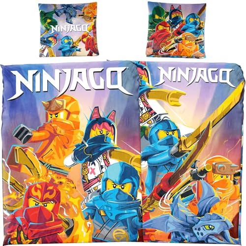 BERONAGE Lego Ninjago Kinder-Bettwäsche Return of The Ninjas - 135x200 cm + 80x80 cm - 100% Baumwolle Linon/Renforcé - deutsche Größe - Wende-Motiv Pass. z. Decke Badetuch Kissen Poncho