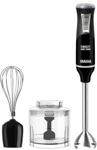 Inalsa Hand Blender Robot INOX 1000 Powerful 3 in 1 | Chopper/Whisker | Silent 800 Watt DC Motor | Variable Speed | 600 ml Multipurpose Jar |LED Light | 2 Yr. Warranty | (Silver/Black)