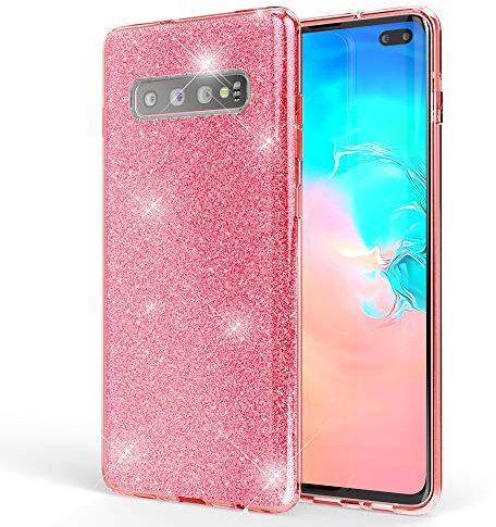 NALIA Hülle kompatibel mit Samsung Galaxy S10 Plus, Glitzer Handyhülle Ultra-Slim Silikon-Case Back-Cover Schutzhülle, Glitter Sparkle Handy-Tasche Bumper Dünnes Bling Strass Etui, Farbe:Pink