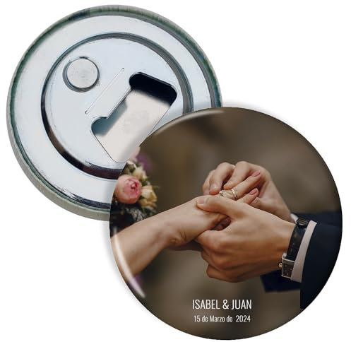 Aimant frigo personnalisé avec photo. Badge décapsuleur. Cadeaux photo personnalisés. 59mm Ø. Diverses quantités disponibles