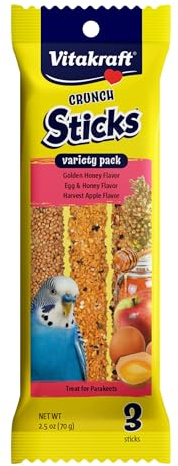 Vitakraft Crunch Sticks Parakeet Treat Variety Pack – 3 Sticks Honey Egg And Apple Flavor - Triple-Baked Sticks With Natural Wood Chew Center Added Vitamins And Minerals - Cage Clip Holder