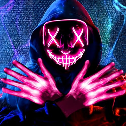Onsucum Halloween LED Light Up Mask, Pink Scary Glowing Mask for Cosplay Costumes, Festival, Carnival Party Supplies Gifts