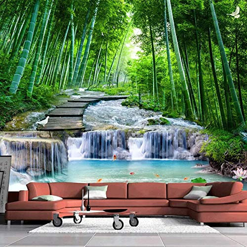 Personnalisé 3D Photo papier peint peinture murale salon chambre bambou forêt en bois pont ruisseau eau murale cascade,300cm(W) x 200cm(H)