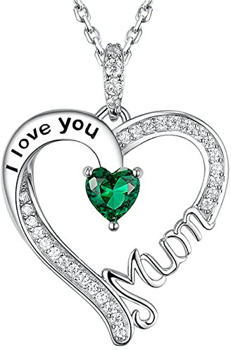 GinoMay Christmas Necklace Gifts for Mum May Birthstone Jewellery Emerald Mum I Love You Mum Necklace Love Heart Pendant Jewellery Sterling Silver