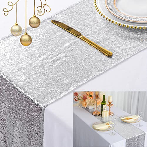 ShinyBeauty Camino de Mesa de Lentejuelas de 12 x 108 Pulgadas, decoración de Bodas y Fiestas, Camino de Mesa de Lino con Lentejuelas Brillantes, Color Plateado, Camino de Mesa para Exteriores