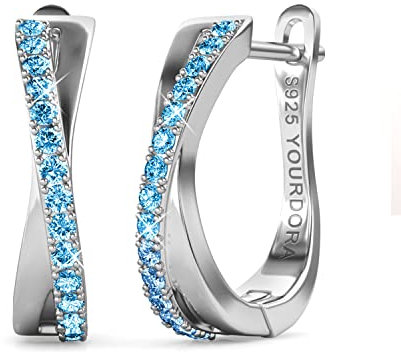 YOURDORA Creolen Silber Damen Klein Ohrringe 925 Silber Rhodiniert Kreolen 15mm mit Zirkonia aus Österreich (Weißgold - Hellblau)