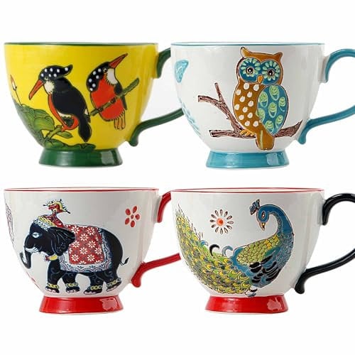 superyes Large Coffee Mugs Sets of 4, 15oz Footed Coffee Cups Set for Latte Cappuccino Hot Chocolate, Hand-Painted Peacock,Elephant,Toucan,Owl Farmhouse Pattern