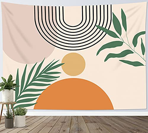 LB Abstrakt Wandteppich Grüns Blatt Wandtuch Mitte des Jahrhunderts Wandbehang Minimalistische Creme Tapisserie für Wohnzimmer Schlafzimmer Wohnheim Wanddeko,150x130cm