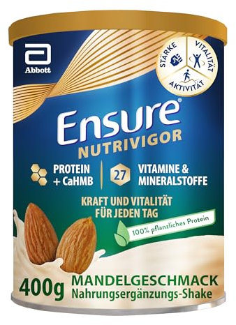 Ensure NutriVigor Plant Based Shake – Nahrungsergänzungsmittel mit veganem Eiweiss, 27 Vitaminen und Mineralstoffen, HMB - Mandelgeschmack – Für eine gesunde, ausgewogene Ernährung – 1 x 400 g