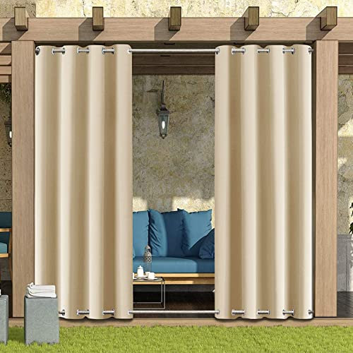 MINGPINHUIUS Outdoor Curtains Waterproof w/ Grommet (Top & Bottom) - Garden Gazebo Patio Windproof Blackout Thermal Insulated Privacy Curtain for Pergola Porch Pool (Beige, 2 Panel 52''x84'') (CL1)