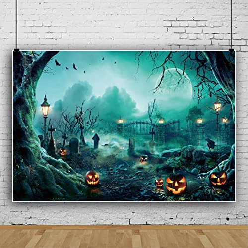 Bovlleetd 180x120cm Halloween Thema Hintergrund Horror Friedhof Böser Kürbis Fotografie Hintergrund Verwelkter Baum Vollmond Fledermaus Hintergrund Shabby Gate Lampe Fotografie Hintergrund