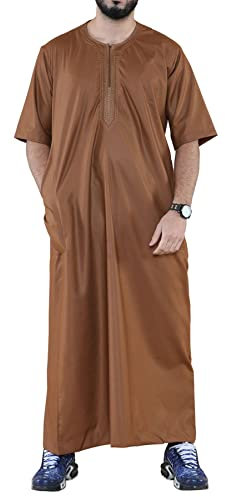 Mens Thobe Jubba Islamic Clothing Kaftan Half Sleeve Robe Moroccan Arab Zipped - Brown XL - 58