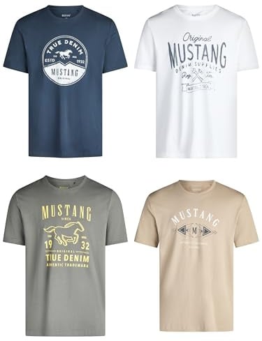 MUSTANG Tshirt Herren Baumwolle Regular Fit 4er Pack Set Rundhals Kurzarm Sommer Tee Shirt Logoprint Schwarz Weiß Grau Blau Grün S M L XL XXL 3XL 4XL 5XL 6XL