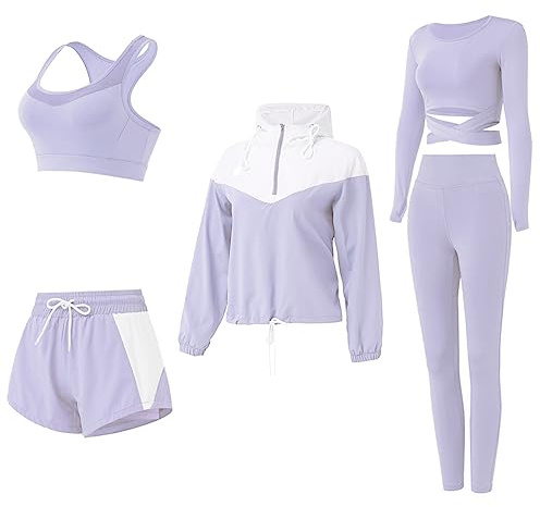 Nesyd Workout-Sets für Damen, 5-teilig, Yoga-Übungen, Fitnessstudio, Sport, Laufen, athletisches Bekleidungsset, Trainingsanzüge, Activewear, Violett, Medium