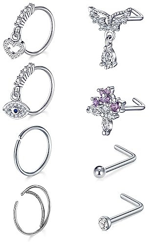 AVYRING 20G Nasenstecker L Form Nasenpiercing Ring Hoop Anhänger Silber Chirurgenstahl Nasenring Herz Schmetterling Nostril Piercing 12 Stück
