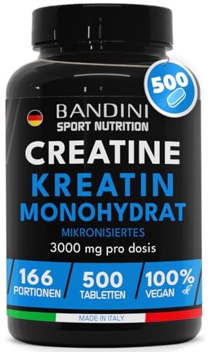 Bandini® Créatine Monohydrate 3000mg Vegan - 500 Comprimés (+5 Mois) - Augmente les Performances Physiques & la Force Musculaire - Booster Musculation Puissant - Creatine Micronisée 100% Pure et Vegan