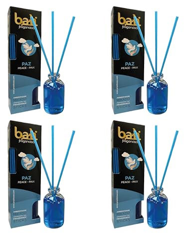Pack de 4 Bali fragancias Ambientador Mikado PAZ Difusor con varillas de ratán para tu salón, comedor o cualquier estancia de tu hogar, fragancias seleccionadas, Aromaterapia, Perfumado (30 ml)