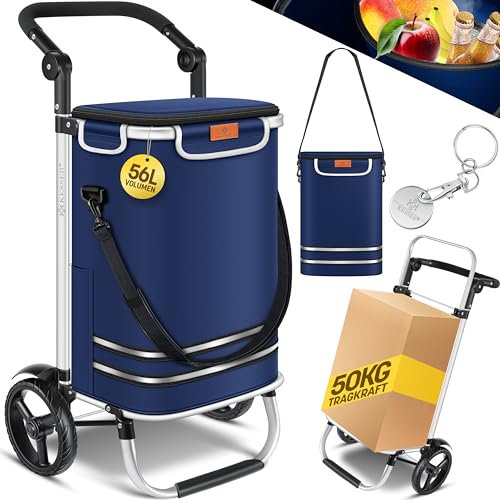 KESSER Chariot de Courses Pliable 56 litres, Charge max. 50 kg, 3-en-1 Diable & Sac à bandoulière, Compartiment Réfrigéré, Bleu Marine, Aluminium
