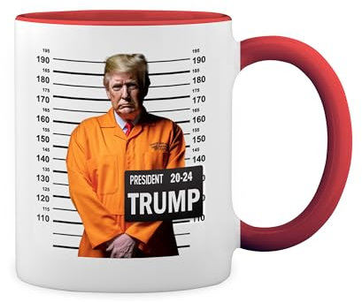 trump mugshot in orange prison New Trend Fun Lustig Weiße Tasse Mug mit roten Felgen und Griff