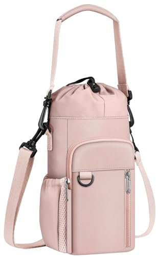 CaseBot Sac de transport pour bouteille d'eau avec bandoulière, 81,3 à 1,2 l, pochette isotherme pour bouteille d'eau avec poche pour téléphone pour marche, randonnée, pique-nique - Rose