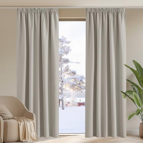 PONY DANCE Wohnzimmer Vorhänge mit Kräuselband 2er Set Übergardinen Blickdicht Thermo Gardinen Hitzeschutz Verdunkelungsvorhang für Schienensystem, Natur, H 245 x B 140 cm