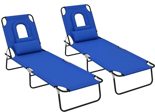 Outsunny Folding Sun Loungers Set of 2 with Face Hole, 4-Position Adjustable Backrest Garden Recliner Chairs Sunbeds, Outdoor Lounge Chairs with 600 D Oxford Cloth Seat, Pillow for Beach, Blue