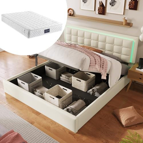 Skcess Polsterbett 160X200Cm Mit Lattenrost Und Stauraum Doppelbett. Led-Beleuchtungsleiste Bettgestell, Stauraumbett Funktionsbett Weiß (Mit Matratze)