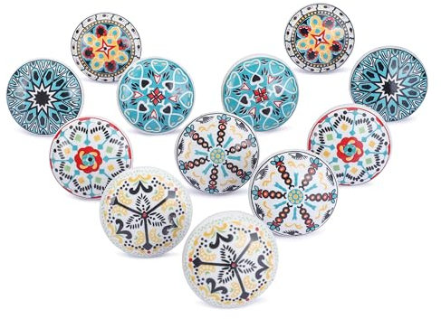 Ajuny Set of 12 Ceramic Knobs Multicolor Printed Cupboard Door Drawer and Furniture Pulls for Kitchen Cabinets Bathroom Dresser Drawers Handmade Pottery Decorative Knobs