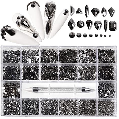 Aqxyedc 1box 2500pcs Luxus Nagel Strass -Strass -Kit Flachback Nagel Strsestone Set Luxury Sprudeln Nagelkunst mit 1 Stift for Nageldekorationen wanglan(Color:Jet Hemitate 2500pcs)