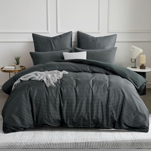 Aisbo Bettwäsche 200x200 3 teilig Bettdeckenbezug - Bettwäsche Set 200x200cm Gestreift Anthrazit Muster mit 2 Kissenbezügen 80x80 cm, Mikrofaser Bettbezug mit Reißverschluss, Bügelfrei und Weich