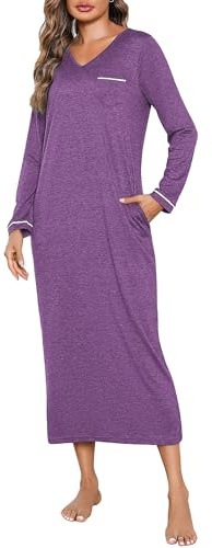 Leversic Women Long Sleeve Nighties Long Nightgown Front Chest Pocket V Neck Cotton Nightdress Home Nightwear for Lounge