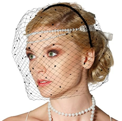 Ouligay Schleier Schwarz Fascinator Damen mit Strasssteinen Fascinator Schwarz Retro Hochzeit Mesh Schleier Stirnband Braut Kopfschmuck 50er Jahre Fascinator für Damen Frauen